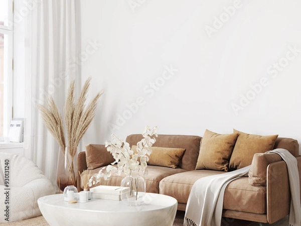 Obraz Home interior background with leather sofa, modern living room, blank wall, 3D render