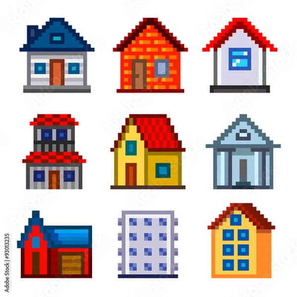 Obraz Pixel houses for games icons vector set