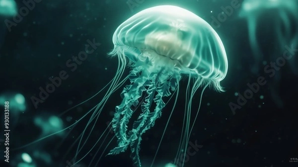 Fototapeta Join a floating jellyfish influencer in a surreal ad for luxury skincare in an enchanting underwater realm.