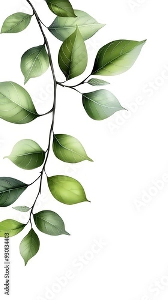 Fototapeta Branches adorned with vibrant leaves against a white background, exuding youthful vitality. 32k UHD, Flickr, hanging scroll.