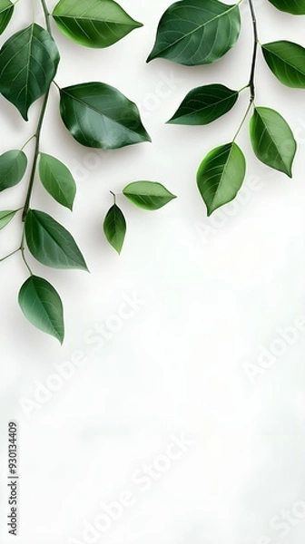 Fototapeta Branches adorned with vibrant leaves against a white background, exuding youthful vitality. 32k UHD, Flickr, hanging scroll.