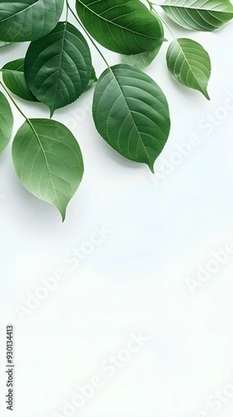 Fototapeta Branches adorned with vibrant leaves against a white background, exuding youthful vitality. 32k UHD, Flickr, hanging scroll.