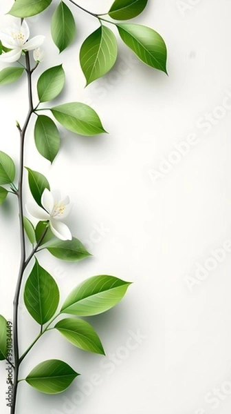 Fototapeta Branches adorned with vibrant leaves against a white background, exuding youthful vitality. 32k UHD, Flickr, hanging scroll.