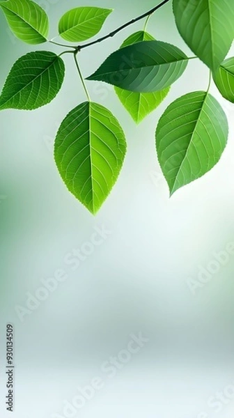 Fototapeta Branches adorned with vibrant leaves against a white background, exuding youthful vitality. 32k UHD, Flickr, hanging scroll.