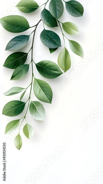 Fototapeta Branches adorned with vibrant leaves against a white background, exuding youthful vitality. 32k UHD, Flickr, hanging scroll.