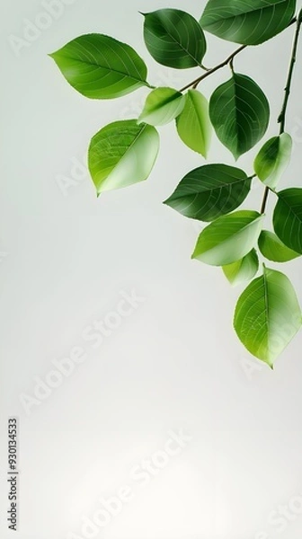 Fototapeta Branches adorned with vibrant leaves against a white background, exuding youthful vitality. 32k UHD, Flickr, hanging scroll.