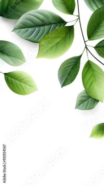 Fototapeta Branches adorned with vibrant leaves against a white background, exuding youthful vitality. 32k UHD, Flickr, hanging scroll.