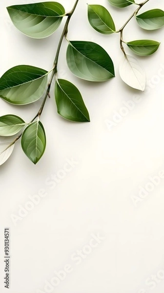 Fototapeta Branches adorned with vibrant leaves against a white background, exuding youthful vitality. 32k UHD, Flickr, hanging scroll.