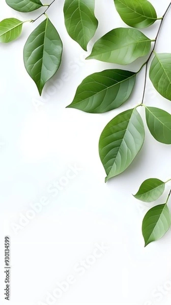 Fototapeta Branches adorned with vibrant leaves against a white background, exuding youthful vitality. 32k UHD, Flickr, hanging scroll.