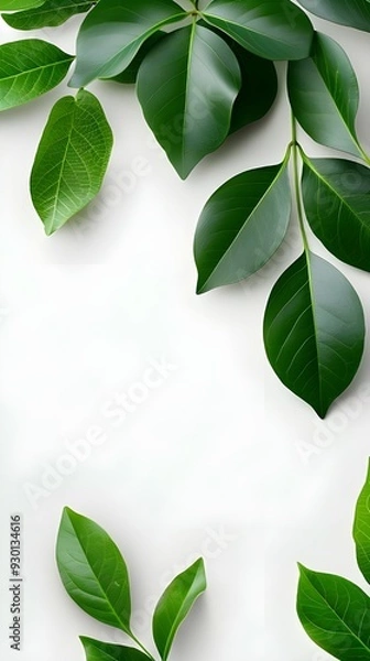 Fototapeta Branches adorned with vibrant leaves against a white background, exuding youthful vitality. 32k UHD, Flickr, hanging scroll.
