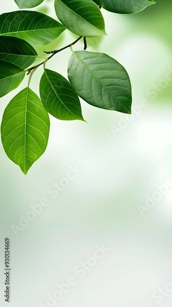 Fototapeta Branches adorned with vibrant leaves against a white background, exuding youthful vitality. 32k UHD, Flickr, hanging scroll.