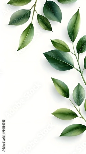 Fototapeta Branches adorned with vibrant leaves against a white background, exuding youthful vitality. 32k UHD, Flickr, hanging scroll.