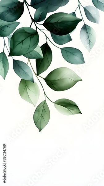 Fototapeta Branches adorned with vibrant leaves against a white background, exuding youthful vitality. 32k UHD, Flickr, hanging scroll.