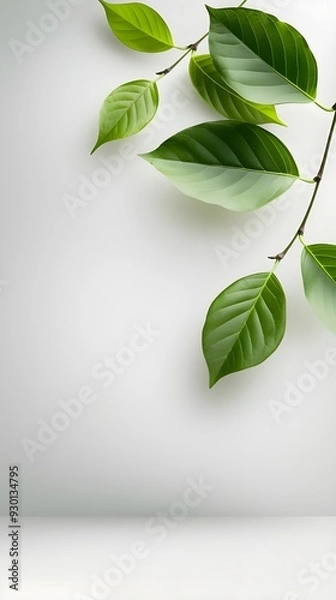 Fototapeta Branches adorned with vibrant leaves against a white background, exuding youthful vitality. 32k UHD, Flickr, hanging scroll.