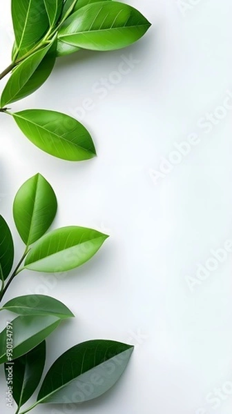 Fototapeta Branches adorned with vibrant leaves against a white background, exuding youthful vitality. 32k UHD, Flickr, hanging scroll.