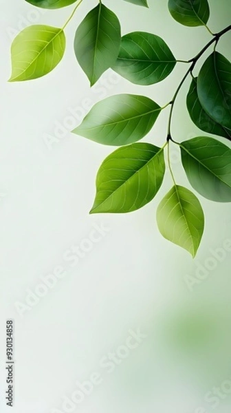 Fototapeta Branches adorned with vibrant leaves against a white background, exuding youthful vitality. 32k UHD, Flickr, hanging scroll.