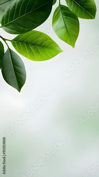 Fototapeta Branches adorned with vibrant leaves against a white background, exuding youthful vitality. 32k UHD, Flickr, hanging scroll.