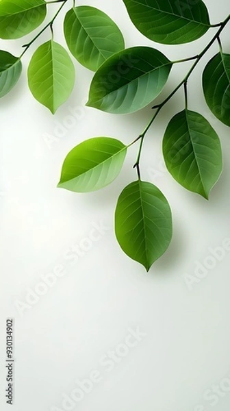 Fototapeta Branches adorned with vibrant leaves against a white background, exuding youthful vitality. 32k UHD, Flickr, hanging scroll.