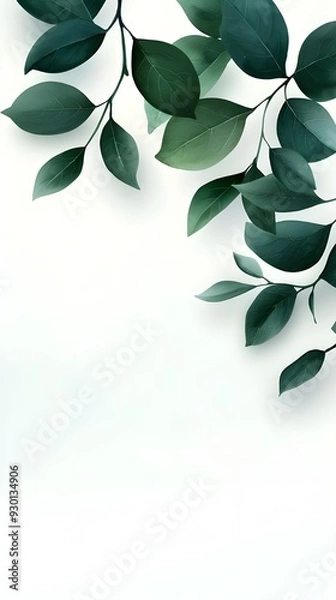 Fototapeta Branches adorned with vibrant leaves against a white background, exuding youthful vitality. 32k UHD, Flickr, hanging scroll.