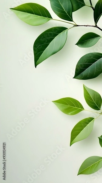 Fototapeta Branches adorned with vibrant leaves against a white background, exuding youthful vitality. 32k UHD, Flickr, hanging scroll.