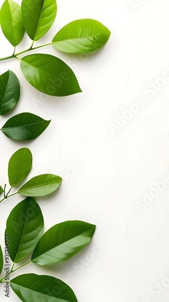 Fototapeta Branches adorned with vibrant leaves against a white background, exuding youthful vitality. 32k UHD, Flickr, hanging scroll.