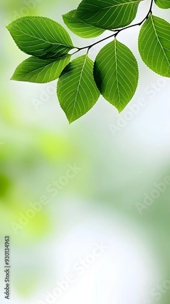 Fototapeta Branches adorned with vibrant leaves against a white background, exuding youthful vitality. 32k UHD, Flickr, hanging scroll.