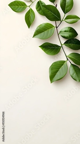Fototapeta Branches adorned with vibrant leaves against a white background, exuding youthful vitality. 32k UHD, Flickr, hanging scroll.