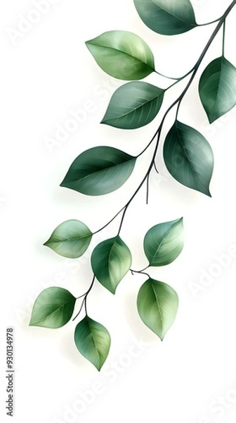 Fototapeta Branches adorned with vibrant leaves against a white background, exuding youthful vitality. 32k UHD, Flickr, hanging scroll.