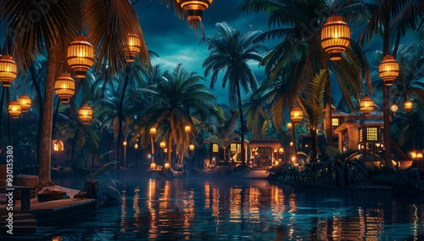 Fototapeta A hidden oasis with palm trees that light up like lanterns