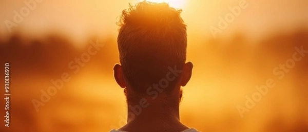 Fototapeta  Man's head faced away from sun, sun shone through trees behind