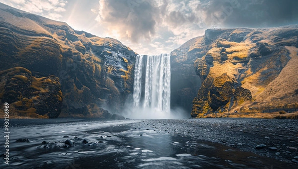 Fototapeta A hidden waterfall where the water flows upwards into the sky