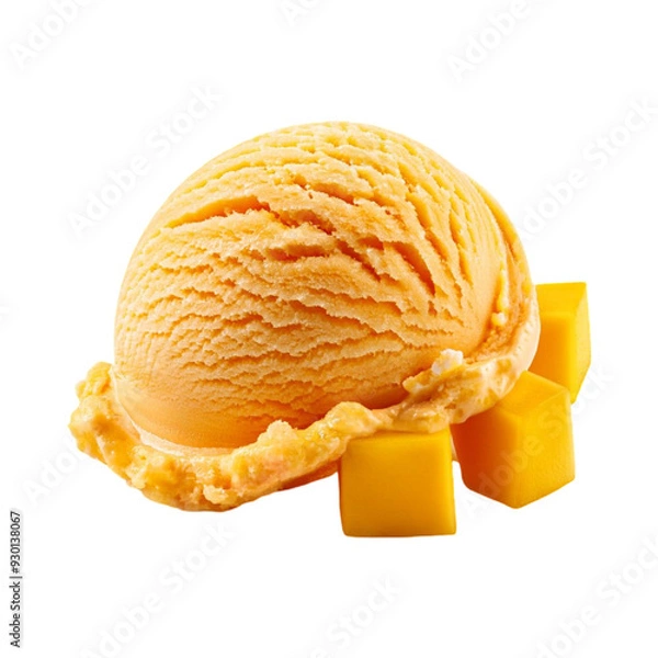 Fototapeta A single scoop of vibrant yellow ice cream (lemon, banana, or mango flavor) melting slightly, isolated on a clean white background. Focus on summer desserts and fruity flavors.