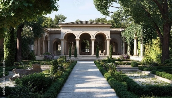 Fototapeta Stone path through a lush garden with an arched building.