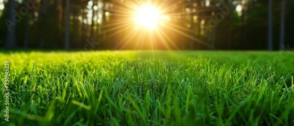 Fototapeta  A lush green field with the sun casting golden rays through the trees behind it