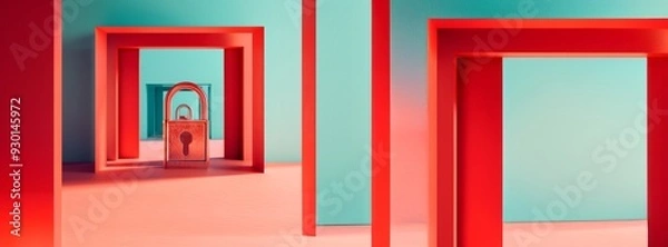 Obraz Surreal Setup with Red Frames, Turquoise Background, and Central Padlock