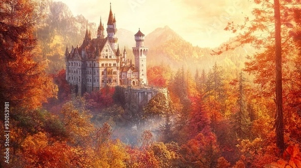 Fototapeta A majestic fairytale castle nestled amidst a vibrant autumn forest, with golden sunlight illuminating the scene.
