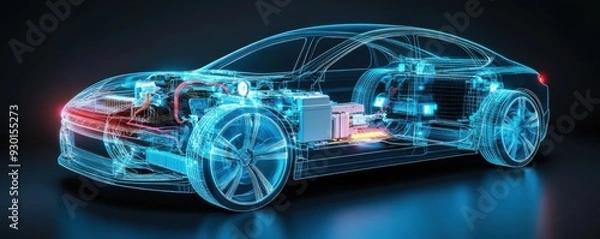 Fototapeta Futuristic electric car design, showcasing transparent layers and intricate components, representing innovation in automotive technology.