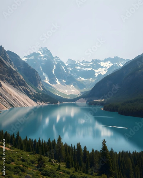 Fototapeta A beautiful mountain range with a large body of water in the foreground isolated on a transparent background