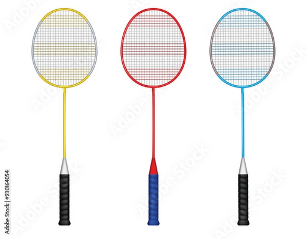 Fototapeta An Illustration of Three Colorful Badminton Rackets. showcases three badminton rackets, each with a different color scheme. The left racket features a yellow frame, the middle racket has a red frame 
