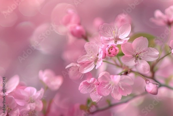 Fototapeta A close-up of cherry blossoms on a tree branch, with soft pink petals and a blurred background of more blossoms.