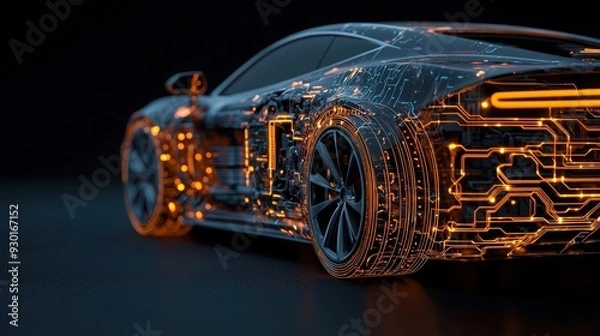 Fototapeta Futuristic car design featuring glowing circuit patterns against a dark background. A blend of technology and automotive art.