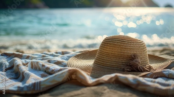 Fototapeta Close-up of sun hat on beach towel (close up, summer accessory, realistic, Silhouette, Beach resort)