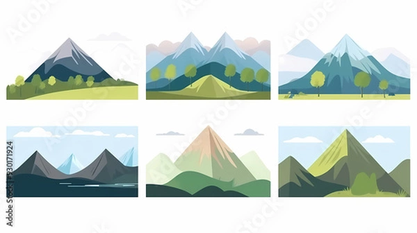 Fototapeta Mountain landscape vector illustration set, collection of mountains in flat design style