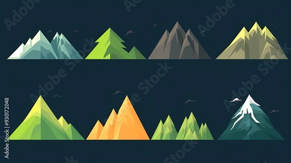Fototapeta Mountain landscape vector illustration set, collection of mountains in flat design style