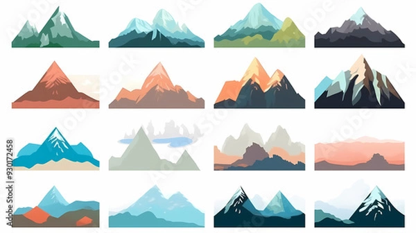 Fototapeta Mountain landscape vector illustration set, collection of mountains in flat design style