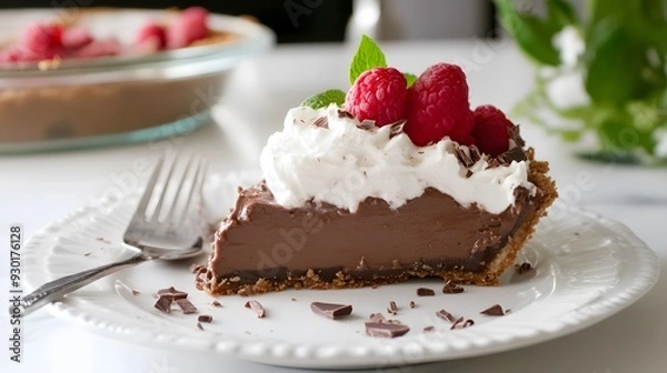 Fototapeta A slice of chocolate pie with whipped cream and raspberries.