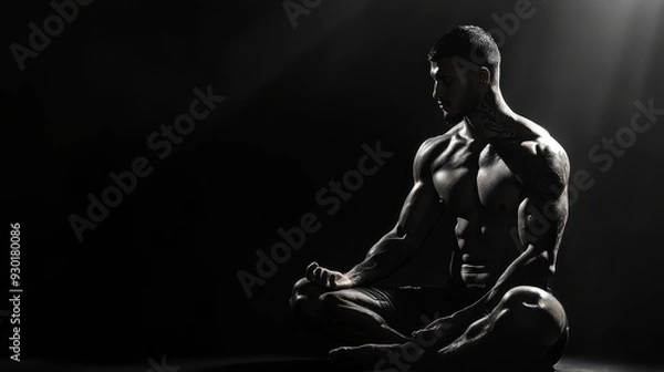 Fototapeta Kickboxer meditating before a match, sakyan tattoos glowing, monochromatic with a single bright color accent, minimalist design