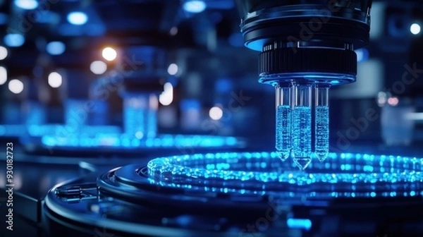 Fototapeta Advanced mRNA Vaccine Creation in Futuristic Laboratory Setting with LED Lighting and Metallic Equipment Close-Up