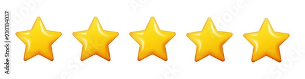 Obraz 3D yellow stars. Abstraction and doodle. Render. Shiny. Icon Coin. Vector. Mark.  Design elements. White background. Isolated. Balloons. Sticker. Feedback. Rating. Award. Best quality. Gold. Costumer