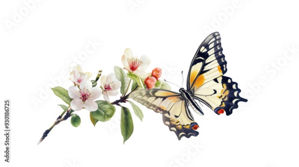 Fototapeta A delicate butterfly landing on a flower_Transparent background PNG